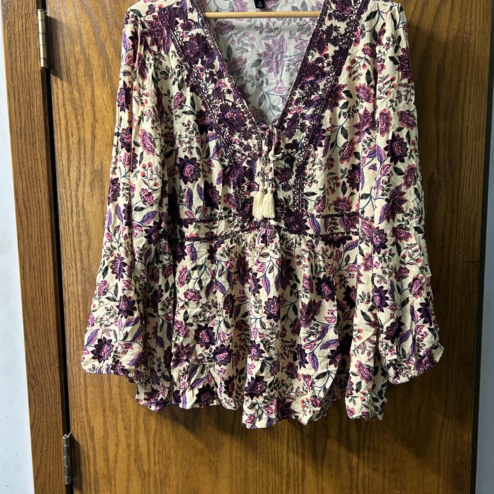 Torrid Purple Floral Blouse with Tassel Detail